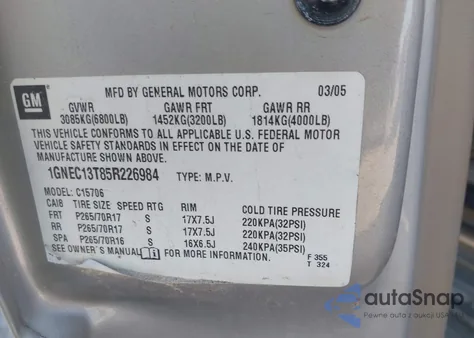 2005 Chevrolet Tahoe Lt from USA, damaged, VIN 1GNEC13T85R226984